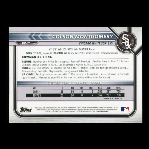 Colson Montgomery 2022 Bowman Prospects 1st Bowman White Sox