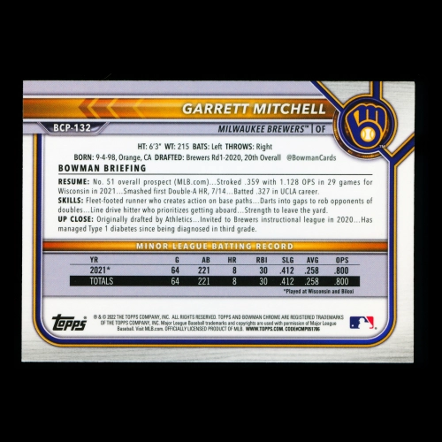 Garrett Mitchell 2022 Bowman Chrome Prospects Brewers