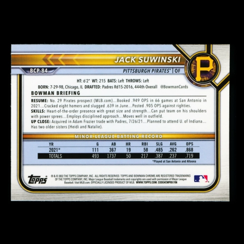 Jack Suwinski 2022 Bowman Chrome 1st Bowman Prospects Pirates