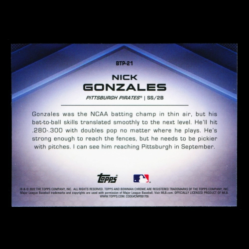 Nick Gonzales 2022 Bowman Chrome Scouts Top 100 Pirates