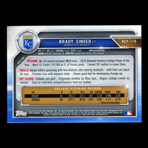 Brady Singer 2019 Bowman Chrome Prospects Royals