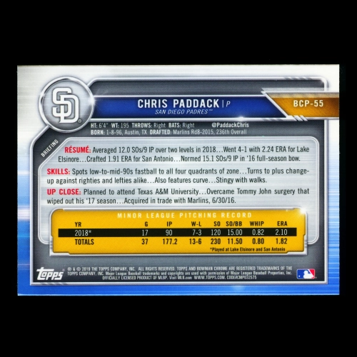 Chris Paddack 2019 Bowman Chrome Prospects Padres