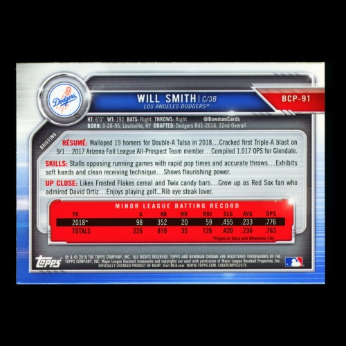 Will Smith 2019 Bowman Chrome Prospects Dodgers