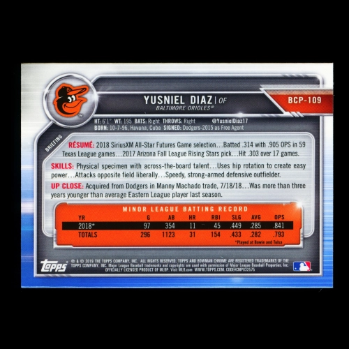 Yusniel Diaz 2019 Bowman Chrome Prospects Orioles