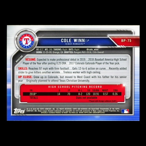 Cole Winn 2019 Bowman Prospects Rangers