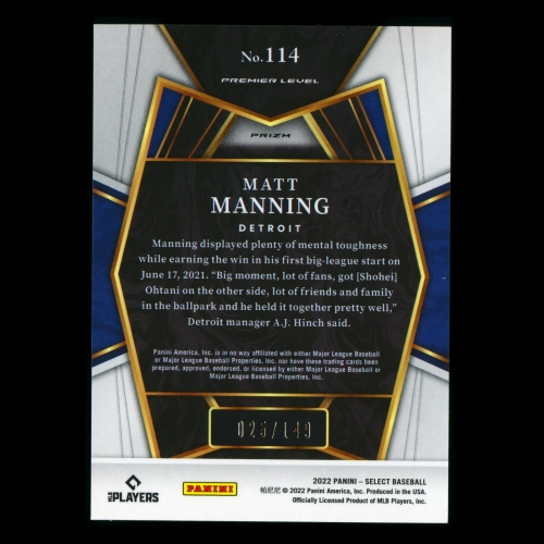 Matt Manning RC 2022 Select Rookie Light Blue PRM Tigers 025/149