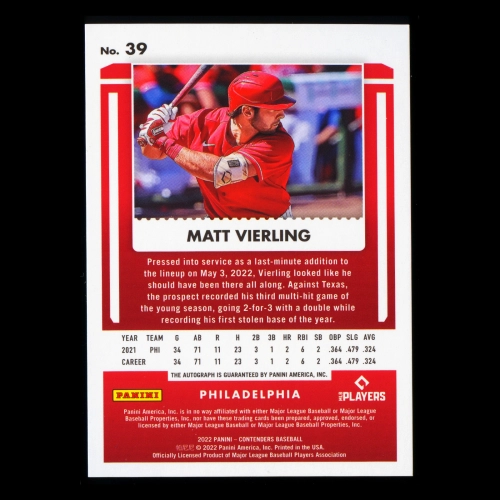 Matt Vierling RC 2022 Contenders Draft Ticket Green Rookie Auto Phillies 38/50