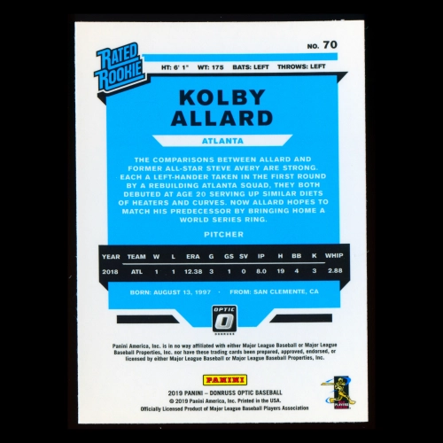 Kolby Allard RR RC 2019 Donruss Optic Rookie Braves