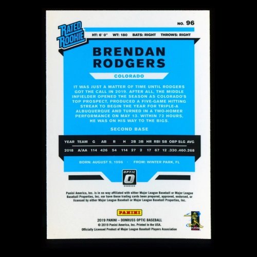 Brendan Rodgers RR RC 2019 Donruss Optic Rookie Rockies