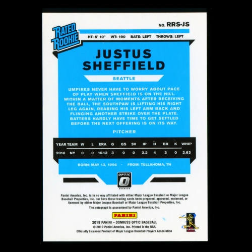Justus Sheffield RC RR 2019 Donruss Optic Rated Rookies Signatures Rookie Mariners
