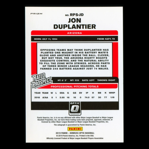 Jon Duplantier 2019 Donruss Optic Rated Prospects Signatures Pink Velocity Diamondbacks