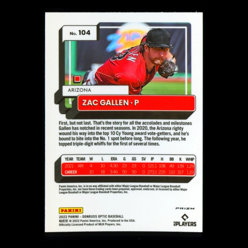 Zac Gallen 2022 Donruss Optic Holo Diamondbacks