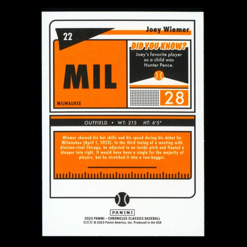 Joey Wiemer RC 2023 Panini Chronicles Classics Rookie Brewers