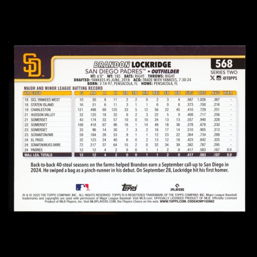 Brandon Lockridge RC 2025 Topps Rookie Padres