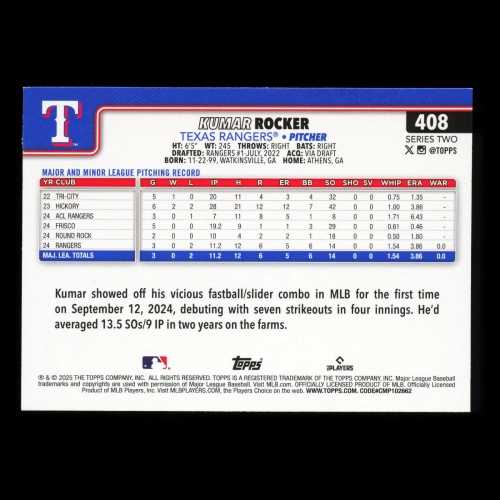 Kumar Rocker RC 2025 Topps Rookie Rangers
