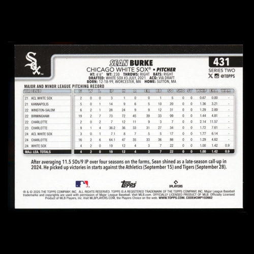 Sean Burke RC 2025 Topps Rookie White Sox