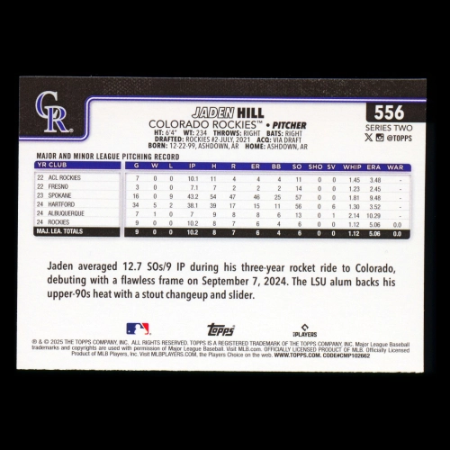 Jaden Hill RC 2025 Topps Rookie Rockies