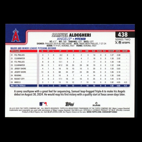 Samuel Aldegheri RC 2025 Topps Rookie Angels