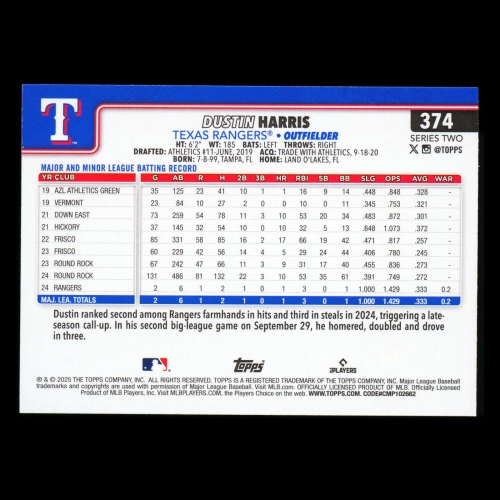 Dustin Harris RC 2025 Topps Rookie Rangers