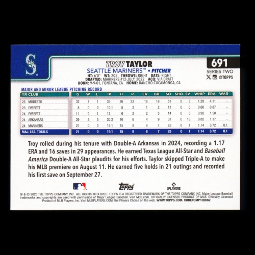 Troy Taylor RC 2025 Topps Rookie Mariners