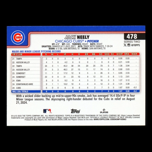 Jack Neely RC 2025 Topps Rookie Cubs