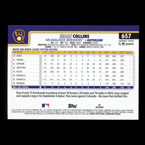 Isaac Collins RC 2025 Topps Rookie Brewers