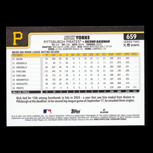 Nick Yorke RC 2025 Topps Rookie Pirates
