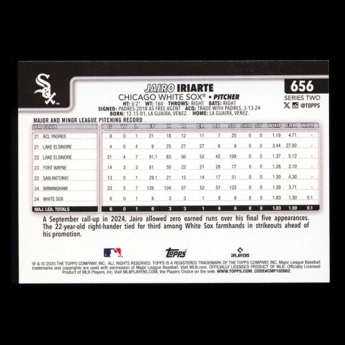 Jairo Iriarte RC 2025 Topps Rookie White Sox