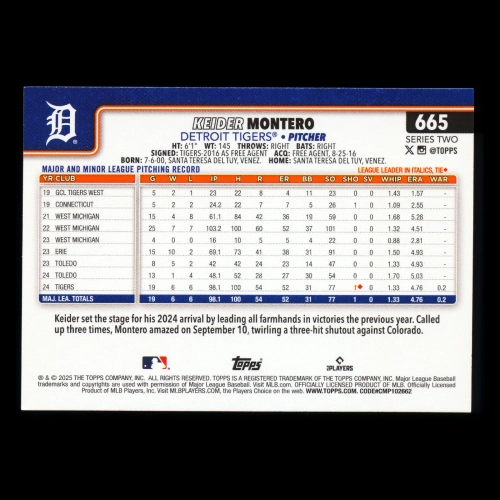 Keider Montero RC 2025 Topps Rookie Tigers