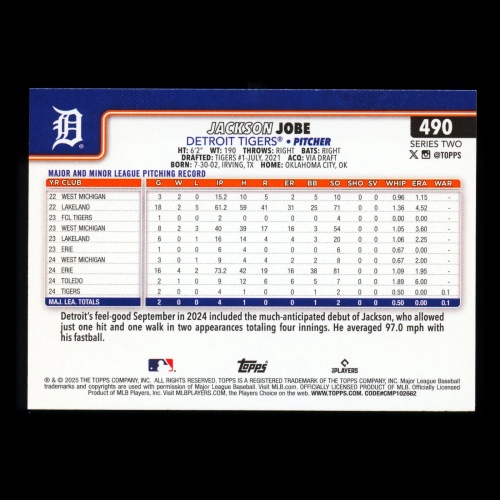 Jackson Jobe RC 2025 Topps Rookie Tigers