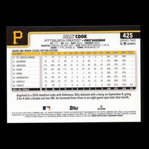 Billy Cook RC 2025 Topps Rookie Pirates