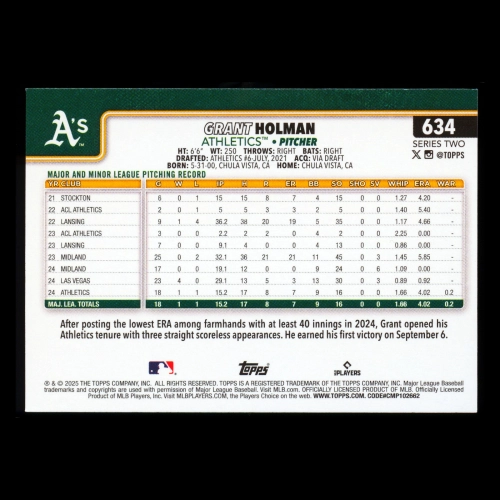 Grant Holman RC 2025 Topps Rookie Athletics