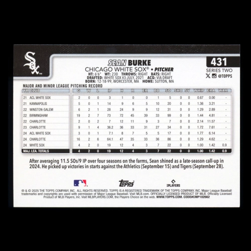 Sean Burke RC 2025 Topps Rookie White Sox