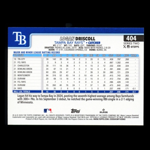 Logan Driscoll RC 2025 Topps Rookie Rays