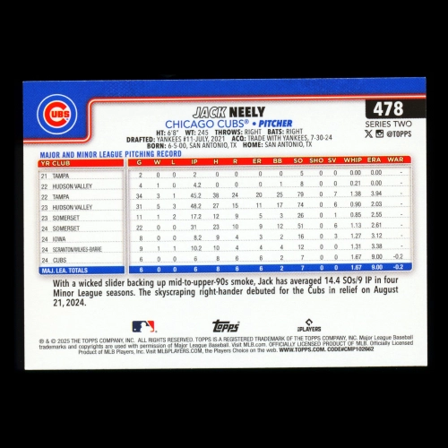 Jack Neely RC 2025 Topps Rookie Cubs