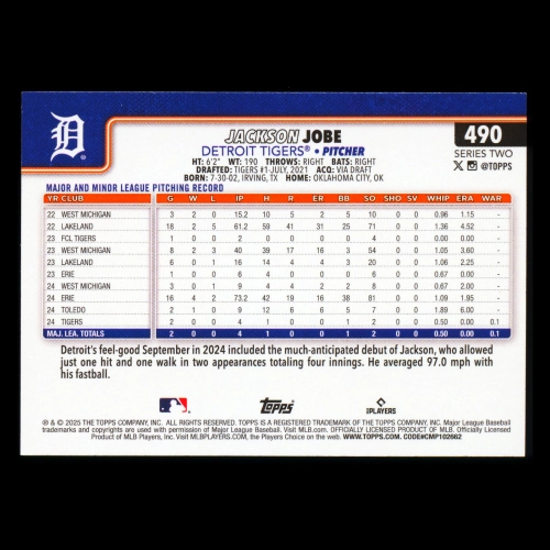 Jackson Jobe RC 2025 Topps Rookie Tigers