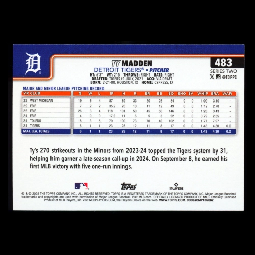 Ty Madden RC 2025 Topps Rookie Tigers