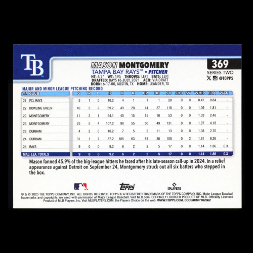 Mason Montgomery RC 2025 Topps Rookie Rays