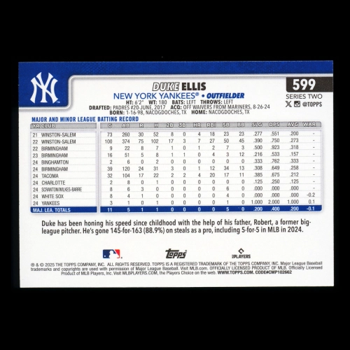 Duke Ellis RC 2025 Topps Rookie Yankees