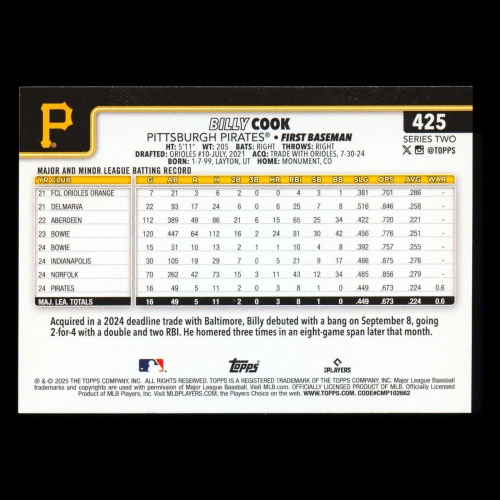 Billy Cook RC 2025 Topps Rookie Pirates