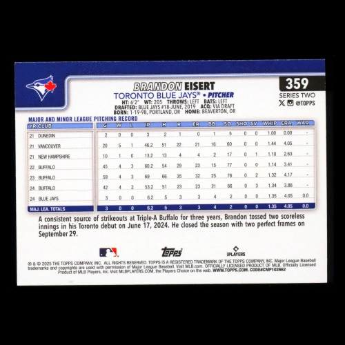 Brandon Eisert RC 2025 Topps Rookie Blue Jays