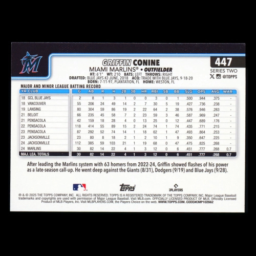 Griffin Conine RC 2025 Topps Rookie Marlins