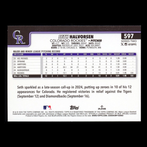 Seth Halvorsen RC 2025 Topps Rookie Rockies