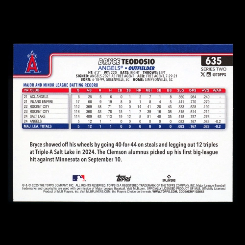 Bryce Teodosio RC 2025 Topps Rookie Angels