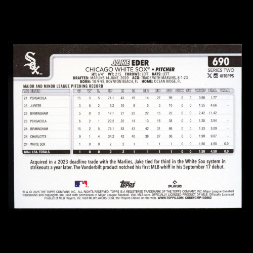 Jake Eder RC 2025 Topps Rookie White Sox