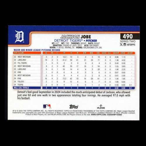 Jackson Jobe RC 2025 Topps Rookie Tigers