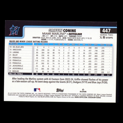 Griffin Conine RC 2025 Topps Rookie Marlins