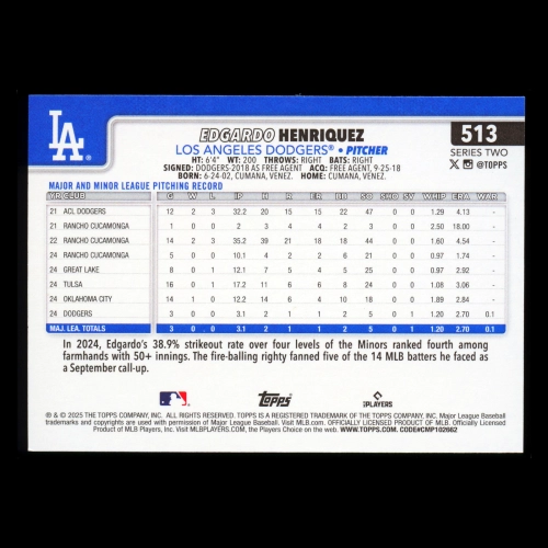 Edgardo Henriquez RC 2025 Topps Rookie Dodgers