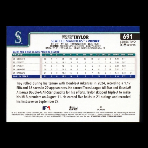 Troy Taylor RC 2025 Topps Rookie Mariners