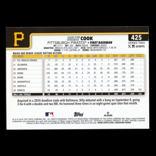 Billy Cook RC 2025 Topps Rookie Pirates